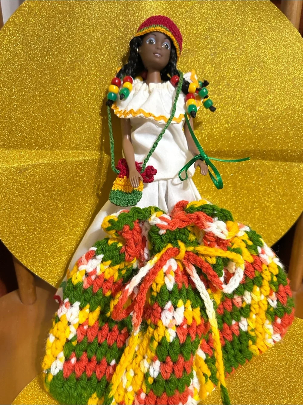 Vintage Handmade Jamaican Cultural Doll in Rastafarian colors. Plus a girls bag